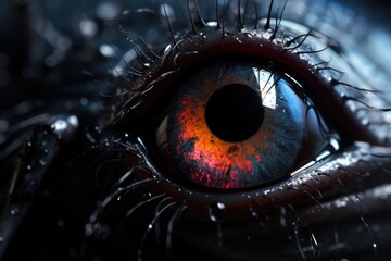 Macro image of the eye of a woman. Closeup, spider detail, macro lens, high details, photorealistic, cinematic lights, luminous eye , AI Generated - obrazy, fototapety, plakaty