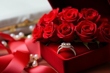 Valentines Day engagement surprise Gift box with diamond ring and red roses