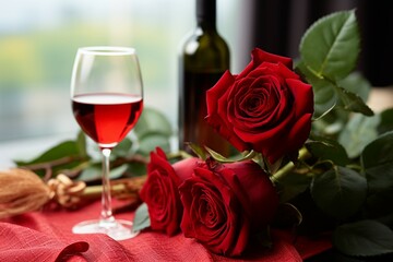 Fototapeta na wymiar Valentines symbols A red rose and a glass of wine, romance epitomized