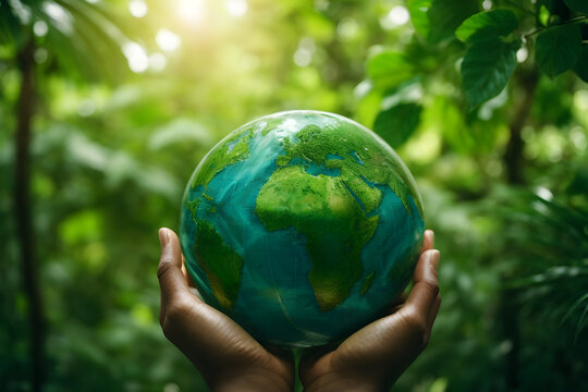 Hands protecting globe of green tree on tropical nature summer background, Ecology and Environment concept. Generative AI