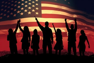 Silhouette of a group of children on the background of the American flag, Silhouette of Guys and girls waving American flags, AI Generated