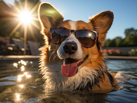 A realistic portrait of a happy corgi dog with sunglasses, dreaming near the pool on a sunset. Conveys a summer vacation relaxation vibe and holiday concept.