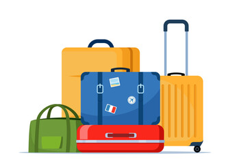 Travel bags composition. Suitcase, backpack, duffel bag. Tourist case, journey and adventure baggage. Retro tourist case with stickers. Wheeled travel bag with hand. Vector illustration.