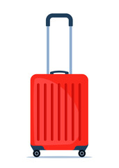 Red wheeled travel bag with hand. Plastic travel suitcase. Vector illustration.