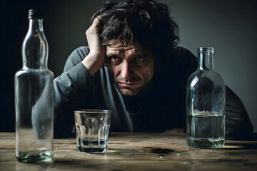 Depressed man looking at alcohol bottles and glass.
