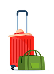 Travel bags composition. Suitcase and backpack. Tourist case, journey and adventure baggage. Travelers luggage. Vector illustration.