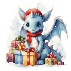 Funny beautiful little New Year's dragon in watercolor style by Generative AI