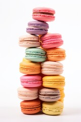 Multicolored macaroons lying on top of each other on the table