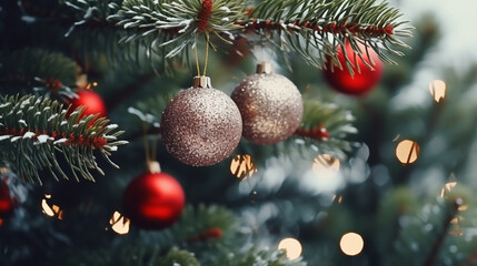 Obraz na płótnie Canvas Bright New Year decorations on the Christmas tree, festive background, beautiful card.
