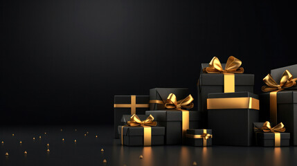 Arranged Gifts boxes wrapped in black paper with golden ribbon on black background. Black friday or Christmas concept