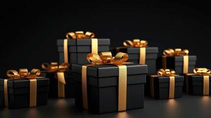 Arranged Gifts boxes wrapped in black paper with golden ribbon on black background. Black friday or Christmas concept