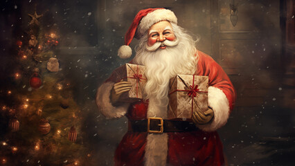 The kind image of Santa Claus standing next to a decorated tree holding gifts at Christmas, creating a warm atmosphere.