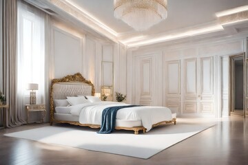 luxury interior of a bedroom with blue blanket