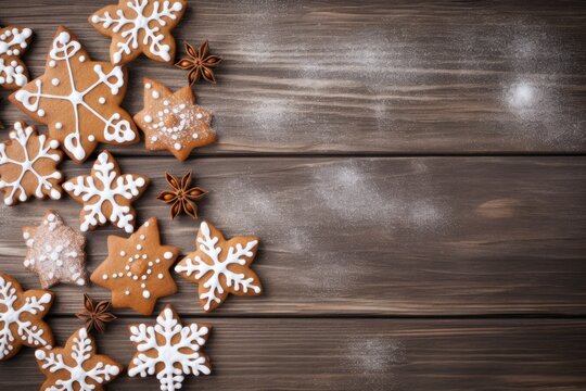 Christmas gingerbread cookies on wooden background top view