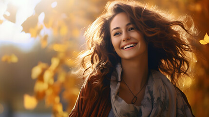 Fototapeta premium Young happy smiling woman standing in a field with sun shining through her hair enjoying free time and freedom outdoors, having fun relaxing and living happy moments