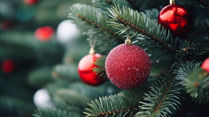 Fototapeta na wymiar Bright New Year decorations on the Christmas tree, festive background, beautiful card.