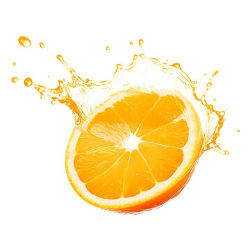 Orange in juice splash isolated on a transparent background, Ripe orange fruit floating with a splash of orange juice. Generative AI