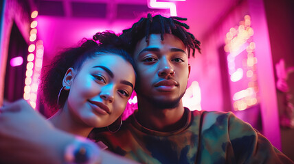 Cheerful modern beautiful young teenage couple hugging standing outdoor, taking a selfie. African American guy and Caucasian girl generation z. technology and youth concept. party at night. ai - obrazy, fototapety, plakaty