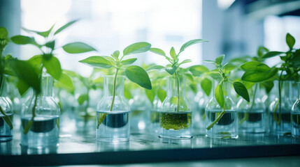 Science, biotechnology and plant in laboratory for medical, pharmacy or research.
