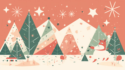 Illustration of winter tree forest christmas scene. White seasonal landscape background.