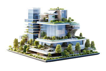 3D rendering of a Sustainable building architecture model with blueprints,  isolated PNG Background. Generative Ai. - obrazy, fototapety, plakaty
