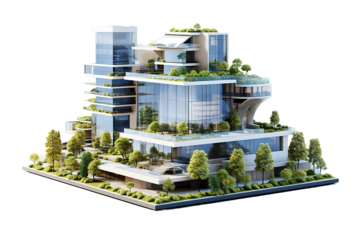 3D rendering of a Sustainable building architecture model with blueprints,  isolated PNG Background. Generative Ai.