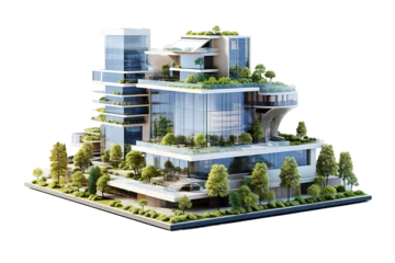 Fotobehang 3D rendering of a Sustainable building architecture model with blueprints,  isolated PNG Background. Generative Ai. © Jahid CF 5327702