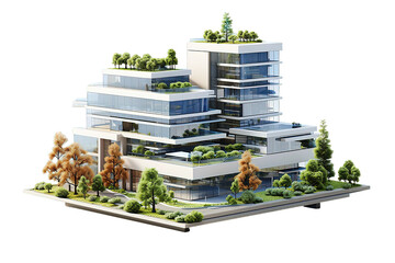 3D rendering of a Sustainable building architecture model with blueprints,  isolated PNG Background. Generative Ai.