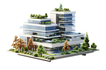 3D rendering of a Sustainable building architecture model with blueprints,  isolated PNG Background. Generative Ai.
