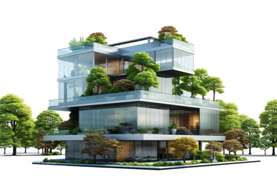 3D rendering of a Sustainable building architecture model with blueprints,  isolated PNG Background. Generative Ai.