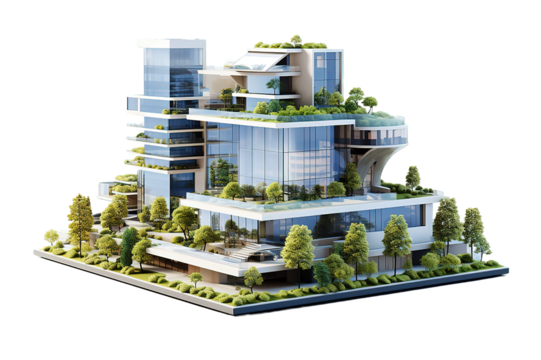 3D rendering of a Sustainable building architecture model with blueprints,  isolated PNG Background. Generative Ai.