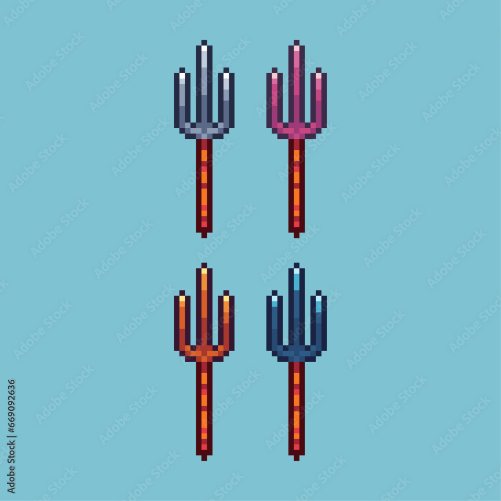 Poster pixel art sets of trident weapon with variation color item asset. simple bits of weapon trident spea
