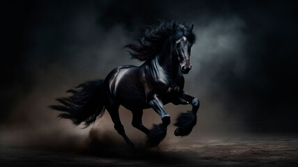 Wild black galloping stallion. with beautiful mane developing in the wind, Dark background. small dust cloud. Generative AI