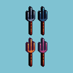 Isometric Pixel art 3d of trident weapon for items asset. Trident on pixelated style.8bits perfect for game asset or design asset element for your game design asset.