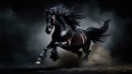 Wild black galloping stallion. with beautiful mane developing in the wind, Dark background. small dust cloud. Generative AI