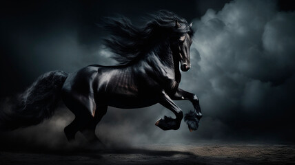 Obraz na płótnie Canvas Wild black galloping stallion. with beautiful mane developing in the wind, Dark background. small dust cloud. Generative AI