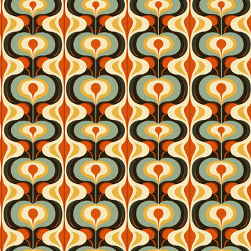 Abstract colorful shapes in 60s style wallpaper seamless pattern