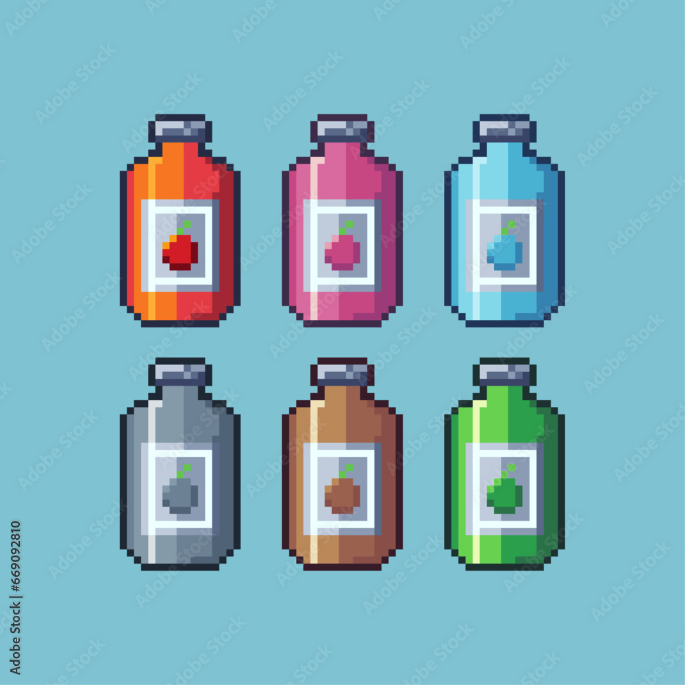 Poster pixel art sets of tomato sauce with variation color item asset. simple bits of sauce pixelated style