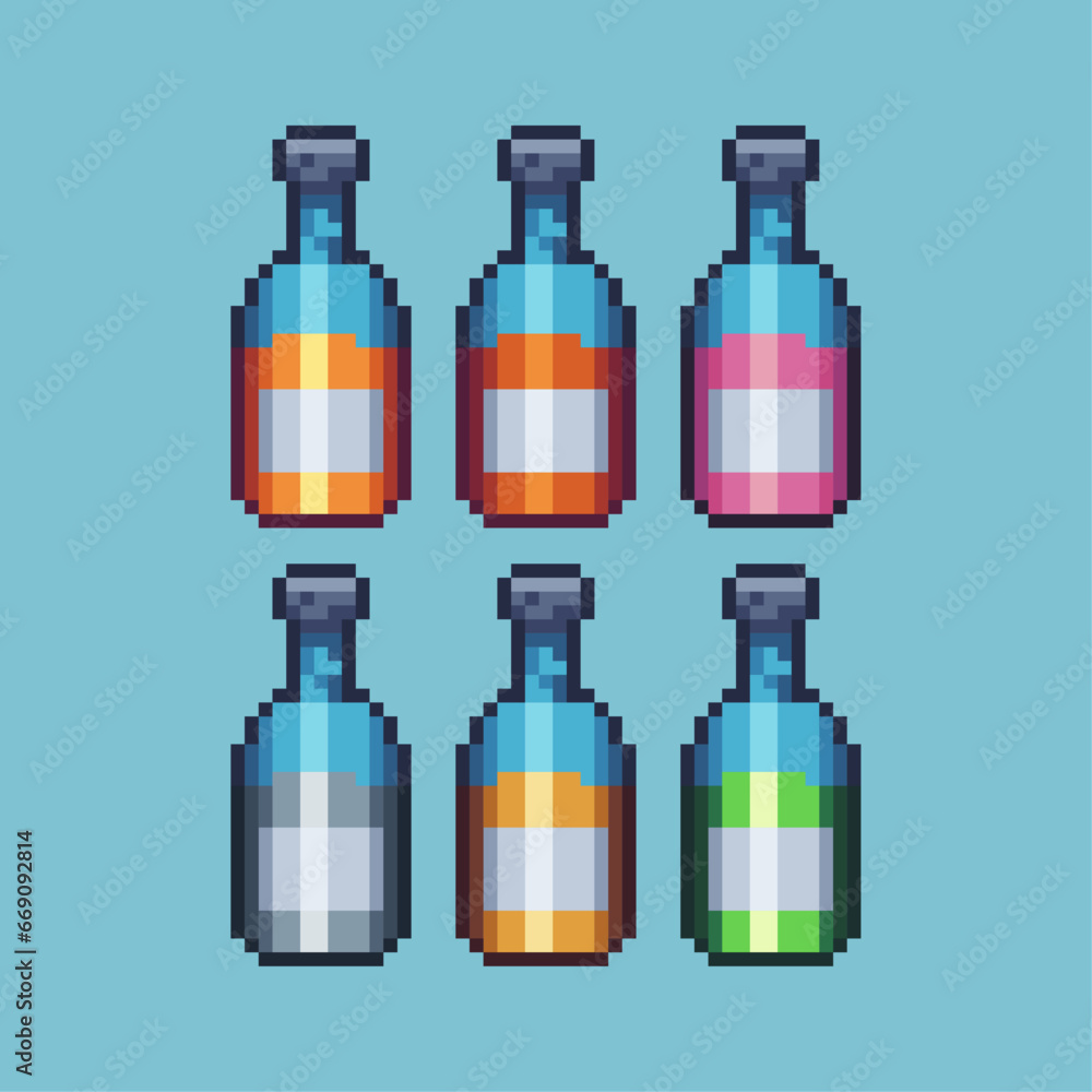 Poster pixel art sets of wine drink bottle with variation color item asset. simple bits of bottle pixelated