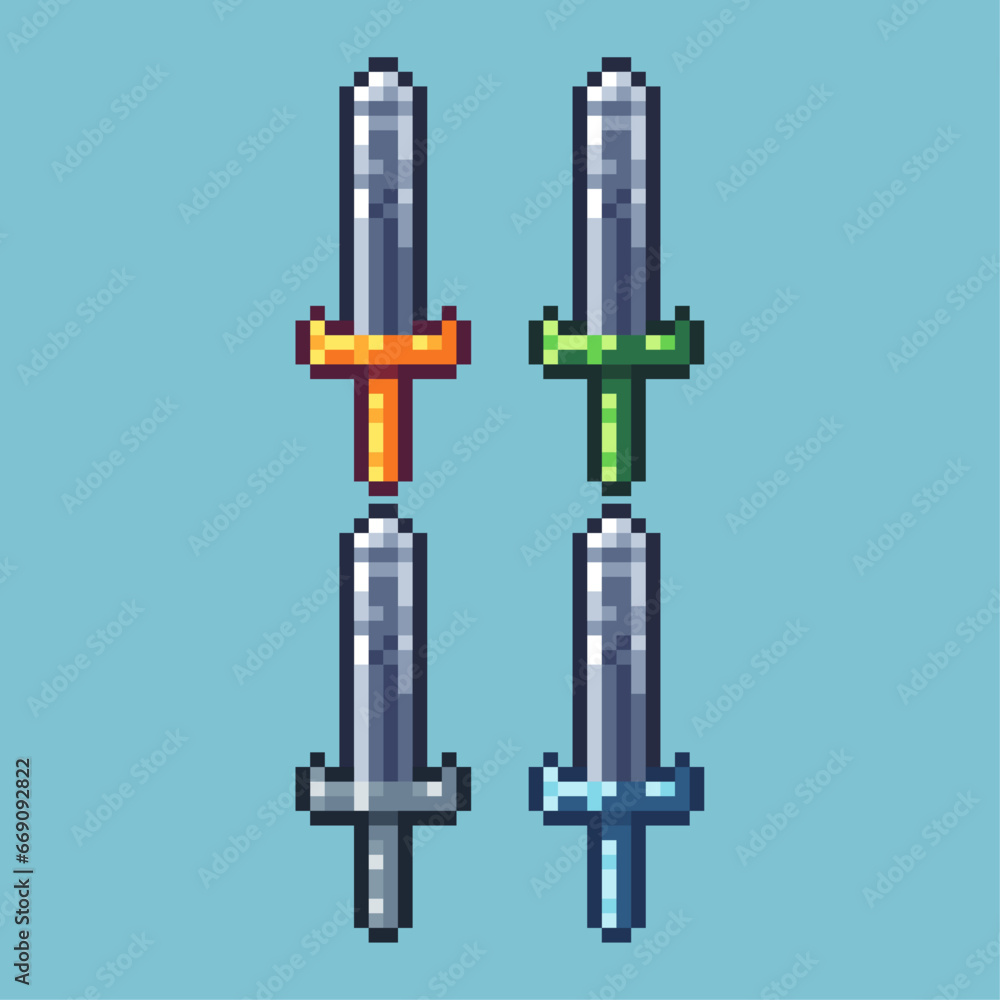 Poster pixel art sets of silver sword with variation color item asset. simple bits of sword pixelated style