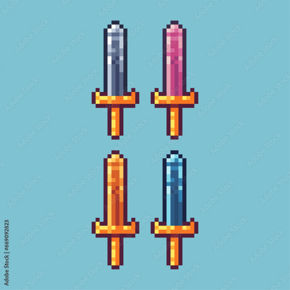 Poster pixel art sets of sword with variation color item asset. simple bits of sword pixelated style. 8bits