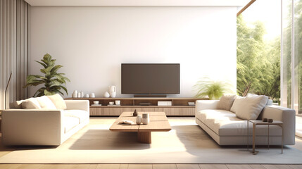 Living room with couch, coffee table and flat screen tv, hybrid interior design. 