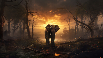 silhouette of a baby elephant in a burnt forest - obrazy, fototapety, plakaty