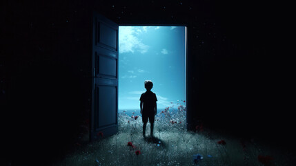 Young boy silhouette in dark room in front of the door from which the light emanates. The concept of social distance
