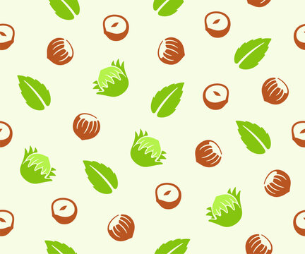 Hazelnut, cobnut, filbert, nut, leaves and plant, seamless vector background, pattern. Nutty, food, meal, nature, fruit, kernel, eating and eat, vector design and illustration
