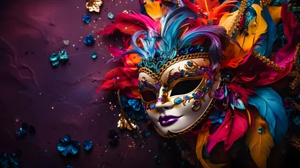 Rolgordijnen Colourful carnival mask on the purple background, copy space. © SuperGlück