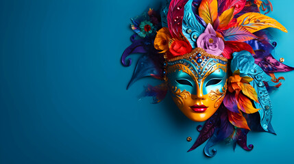 A carnival mask, resplendent in iridescent purples and blues, featuring intricate swirls and a mischievous smile, inviting you to join the revelry. Copy space.
