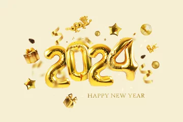 Poster Gold balloons 2024 with confetti, gold mirrored balloon party, stars, gifts and dragon on a light beige background. Happy New Year 2024 creative. Golden Dragons © alones