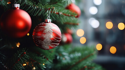 Obraz premium Bright New Year decorations on the Christmas tree, festive background, beautiful card.