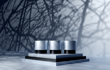 Podium, pedestal or platform, background for the presentation of cosmetic products. 3d podium. Place for ads. 3D rendering podium geometry with elements. Product presentation blank podium.